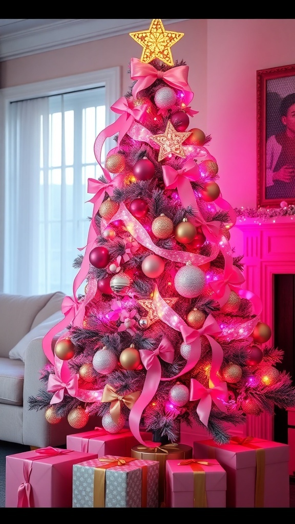 A pink Christmas tree decorated with ornaments and lights in a cozy living room.